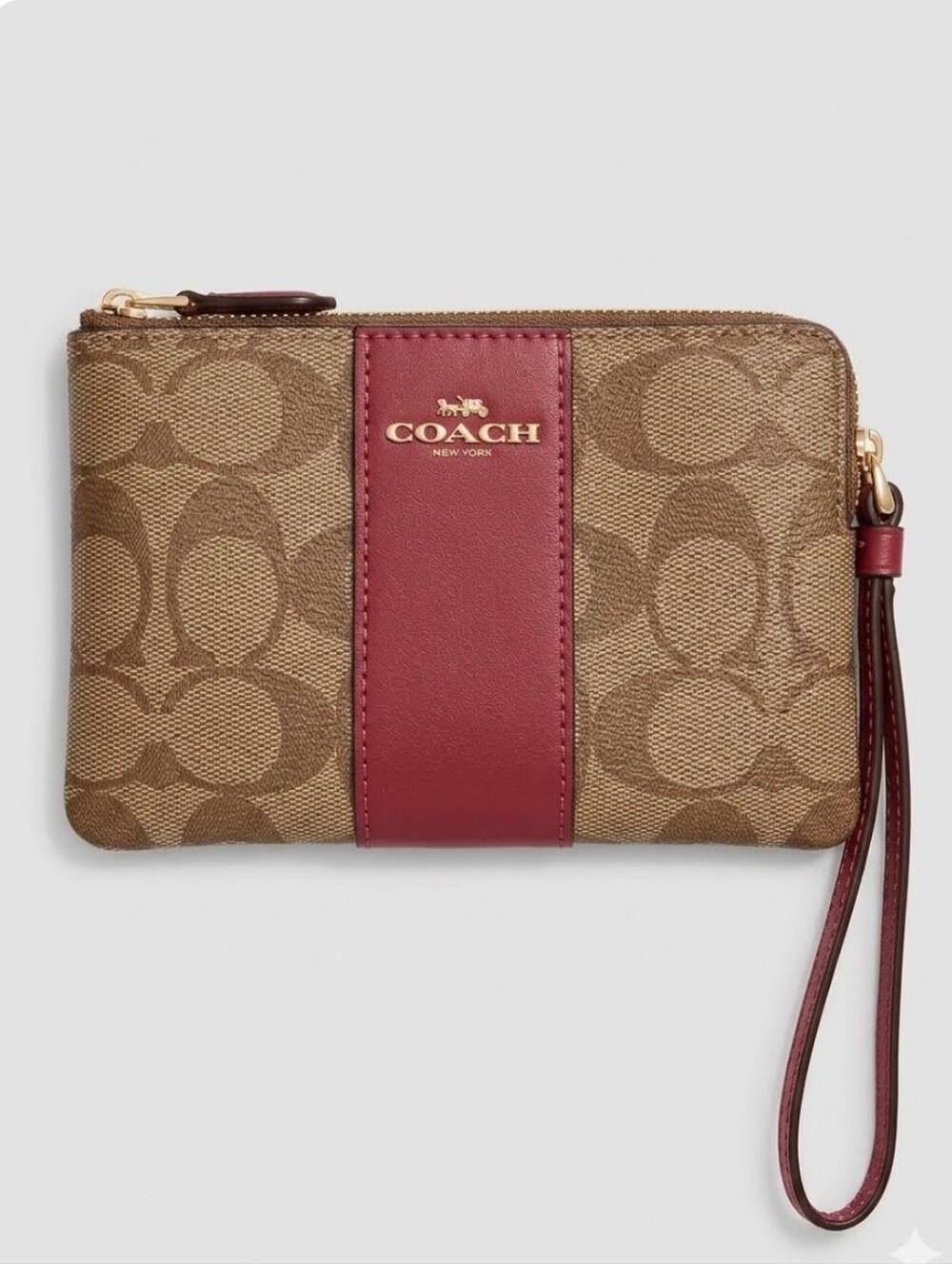 Coach Corner Zip Wristlet In Khaki Signature Coated Canvas With Red Accent
